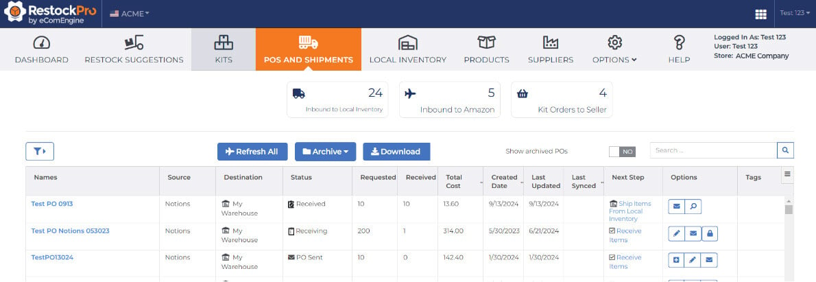 Purchase orders and shipments view in RestockPro