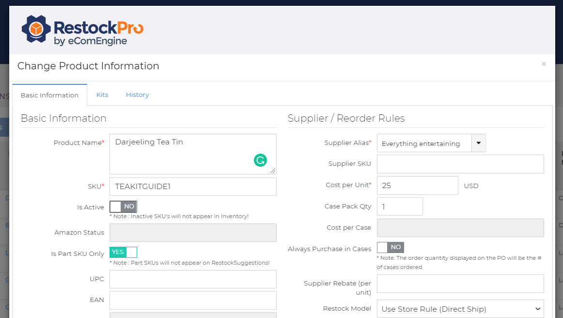 Snippet of the change product information window in RestockPro