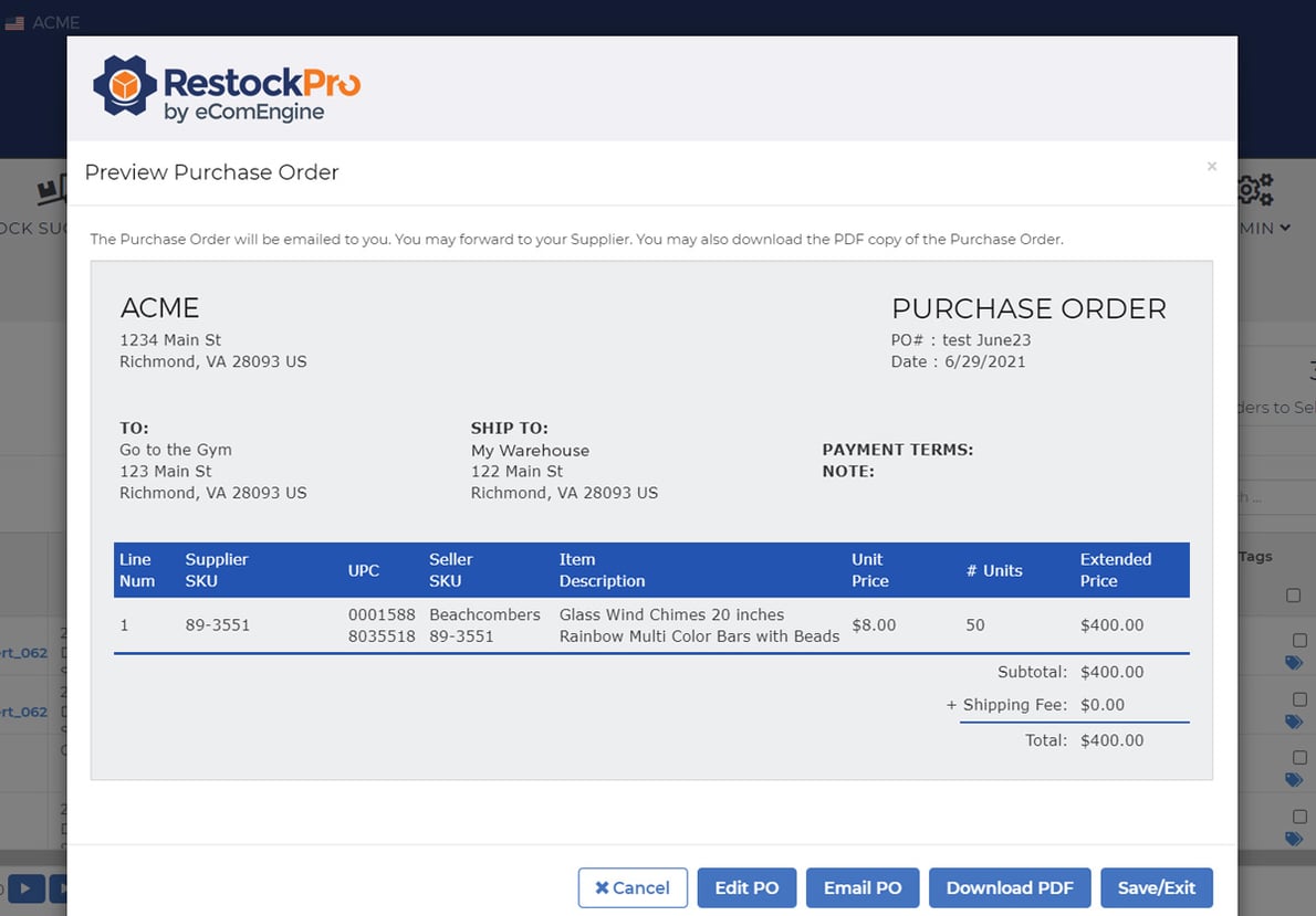 RestockPro Purchase Order Preview showing units, costs, and total order value committed to a supplier, helping Amazon sellers size and phase POs around cash timing