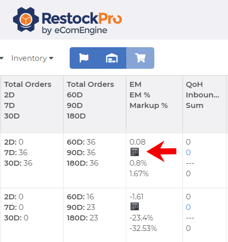 Estimated margin calculator icon in RestockPro