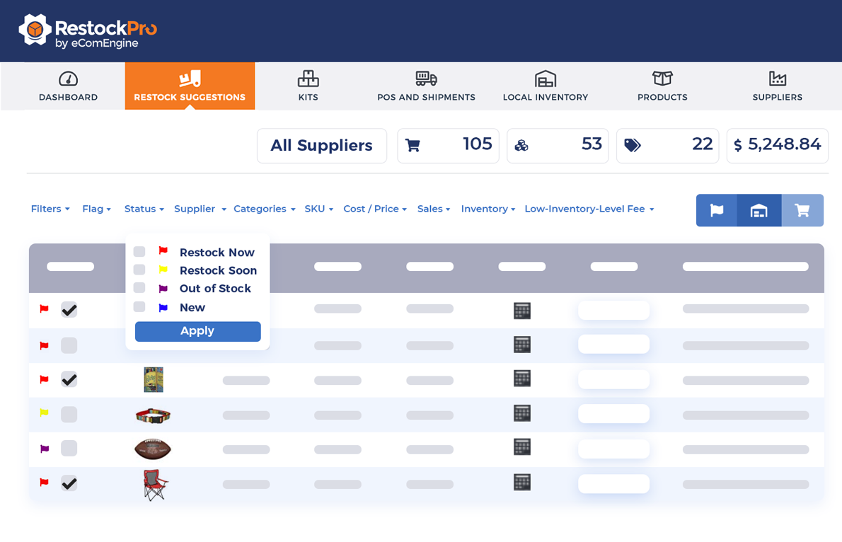 RestockPro inventory dashboard with restock suggestions and priority flags