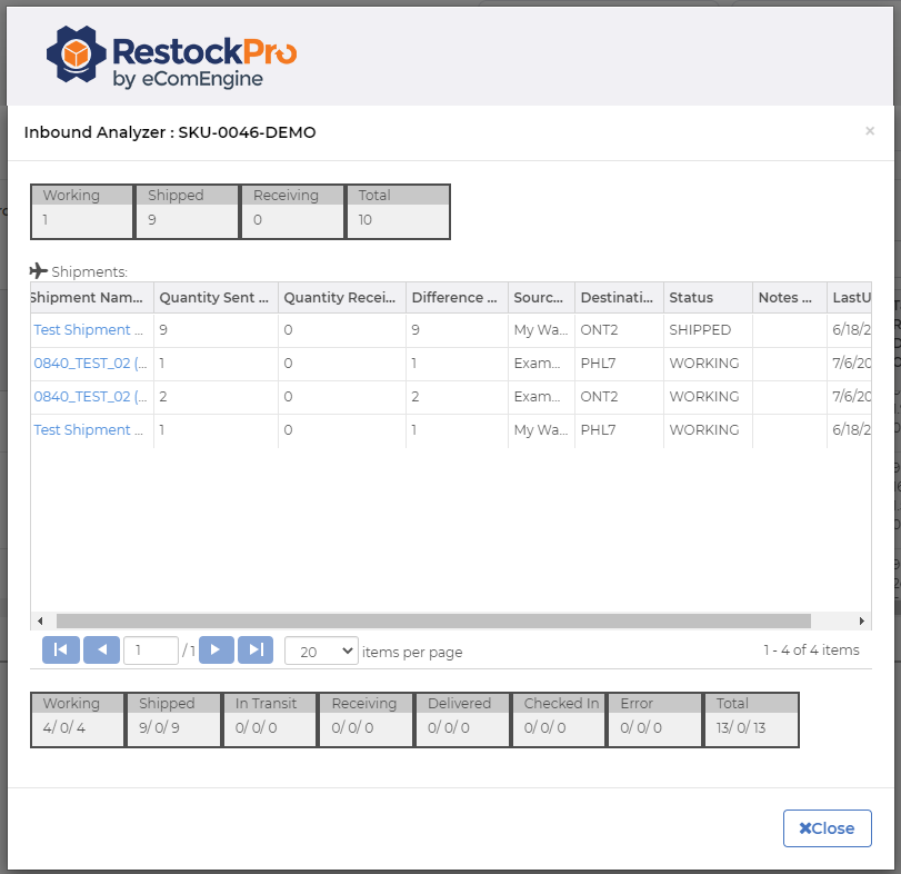 Inbound shipment analyzer window in RestockPro