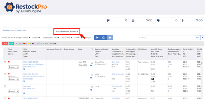 Arrow pointing to the purchase order actions dropdown in RestockPro