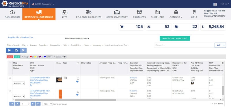 Restock Suggestions dashboard in RestockPro