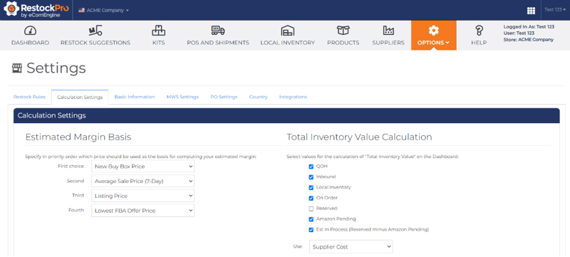 Calculation settings window in RestockPro