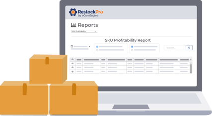Laptop showing SKU profitability report with stacked boxes.