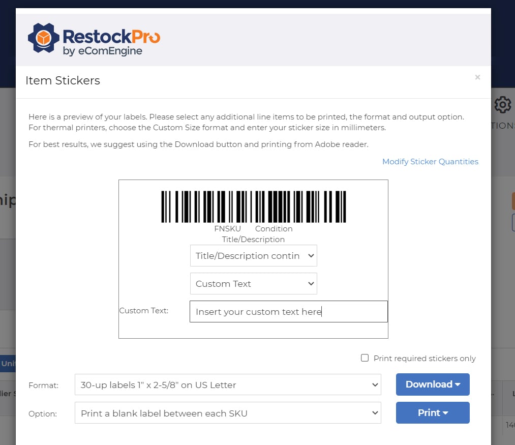 Amazon FBA label preview in RestockPro