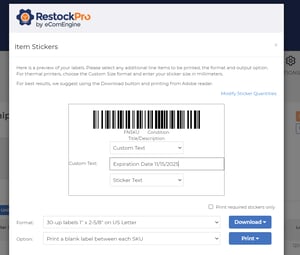 Item stickers creation with custom text for expiration date in RestockPro