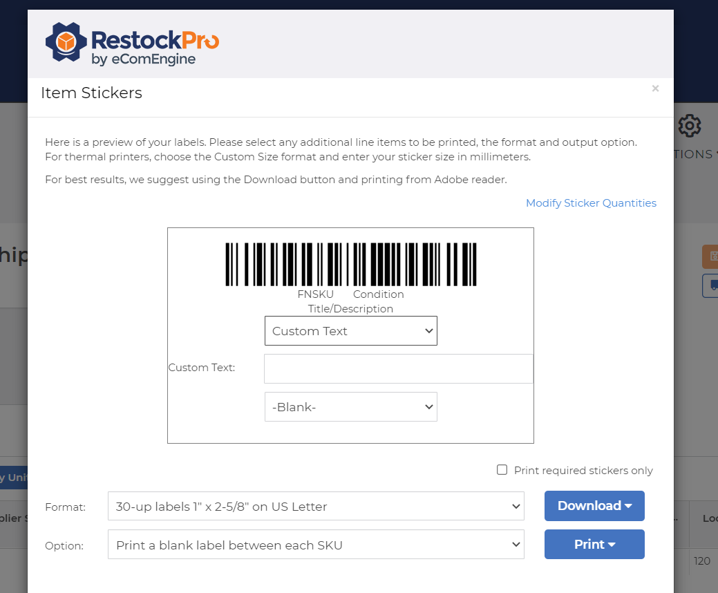 Item stickers options view in RestockPro