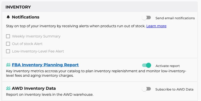 Inventory alert settings and AWD Inventory Data in SellerPulse.