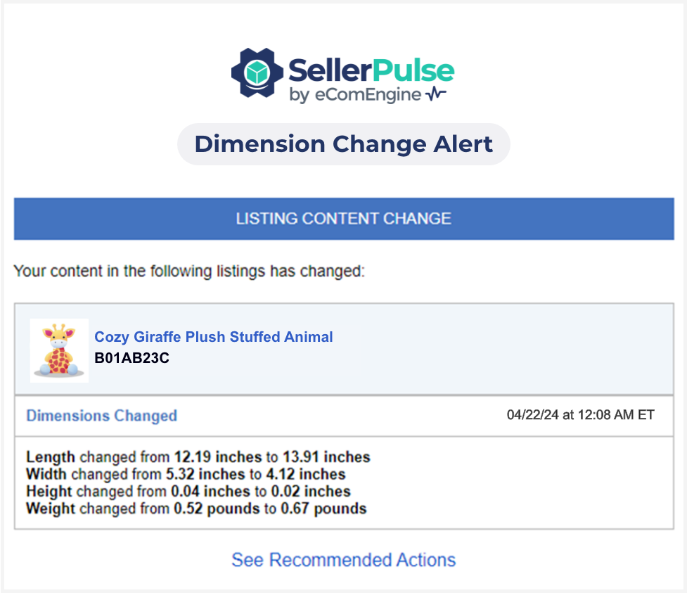 Seller Pulse dimension change alert email