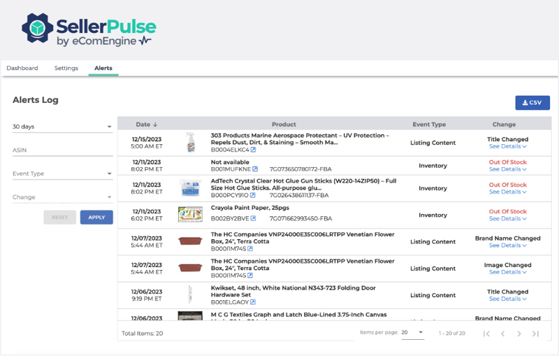 SellerPulse alerts log showing alert history