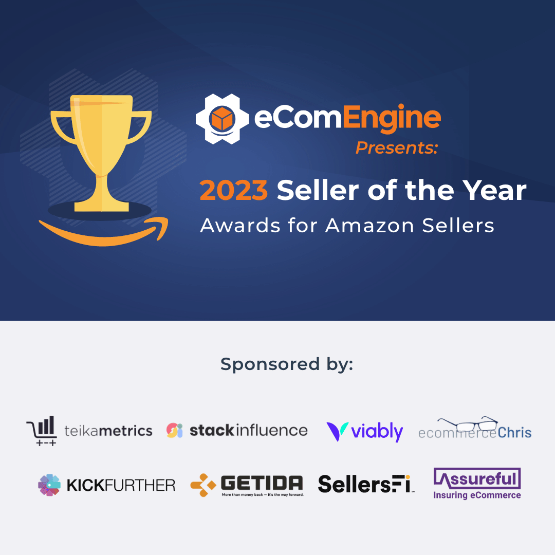 Trophy with text, "eComEngine presents 2023 Seller of the Year with sponsor logos