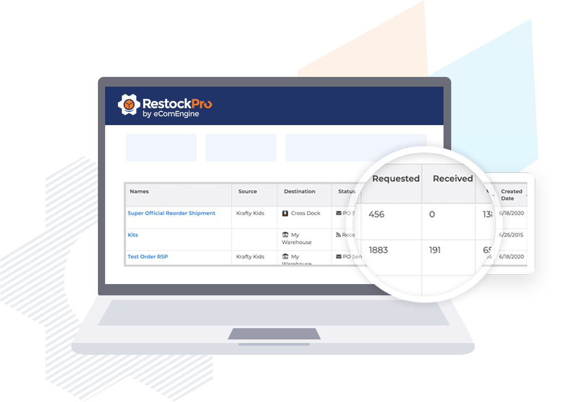 Zoomed in illustration of the requested and received columns on the Purchase Orders and Shipments page in RestockPro