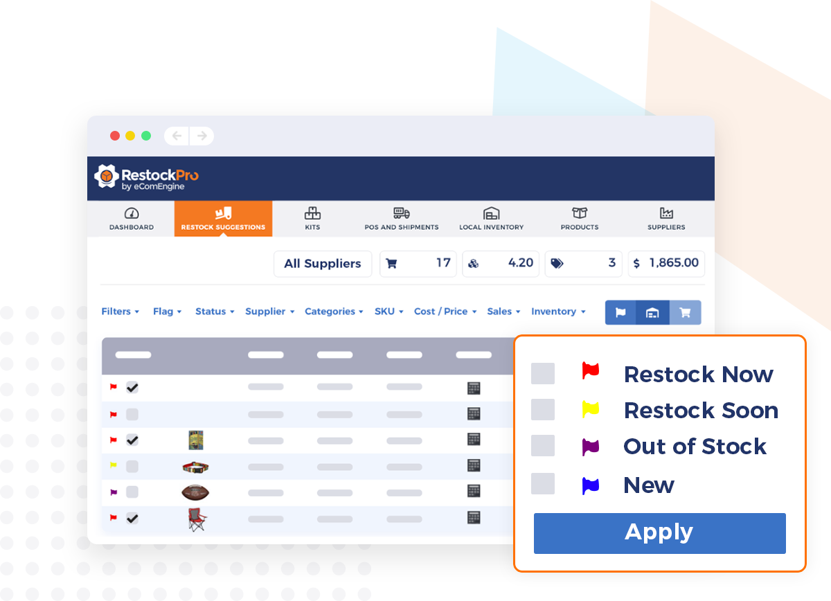 Illustration of the Restock Suggestions view with restock flags in RestockPro