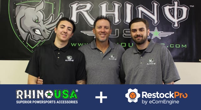 Photograph of Ted with his sons above Rhino USA and RestockPro by eComEngine logos