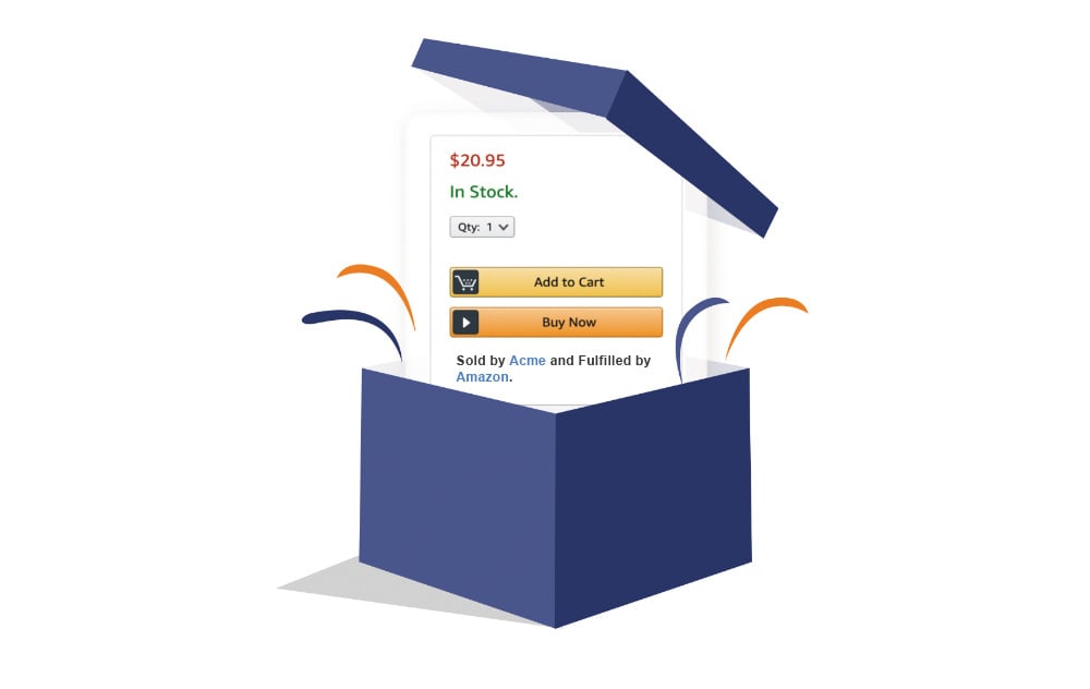 Illustration of a blue box that is popping open to reveal an Amazon Buy Box