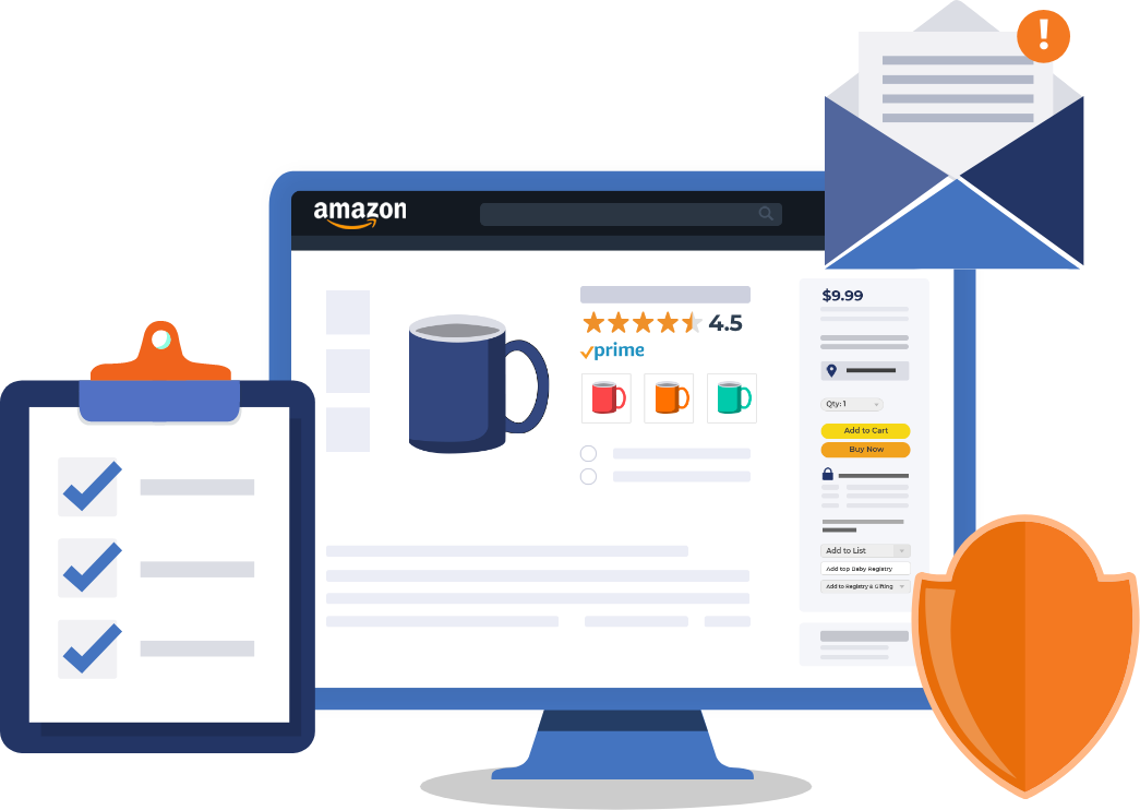 Amazon dashboard illustration with checklist, email notification, and badge
