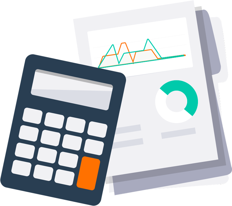 Calculator that is on top of a stack of Amazon market research reports