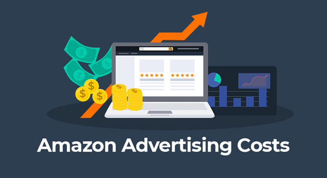 Laptop open to Amazon.com and money and sales charts with text, "Amazon advertising costs"