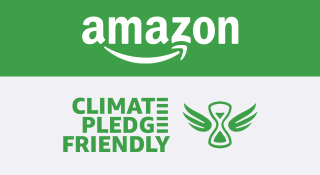 Amazon logo with text "Climate Pledge Friendly"