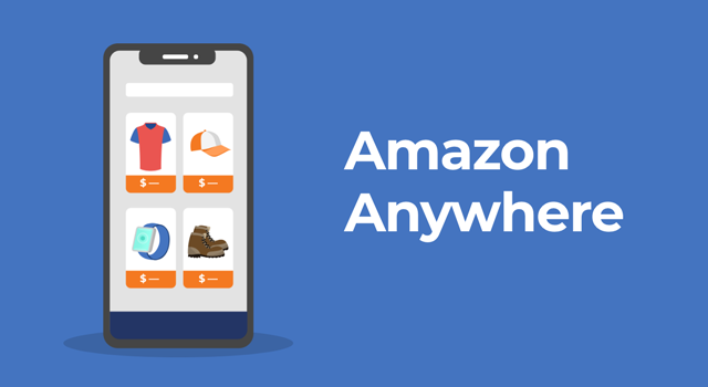 Illustration of mobile phone with items available for purchase with text, "Amazon Anywhere"