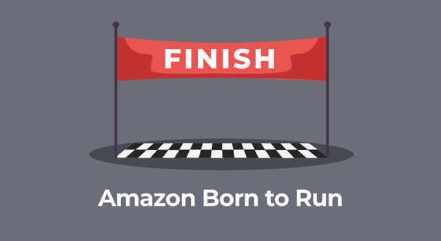 Illustration of finish line above text, "Amazon Born to Run"