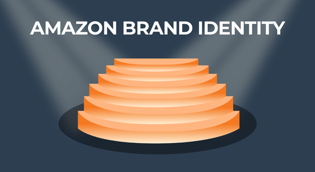 Staircase with text, "Amazon brand identity" at the top under spotlights