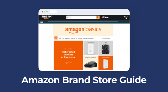 Amazon Basics storefront with text, "Amazon brand store guide"