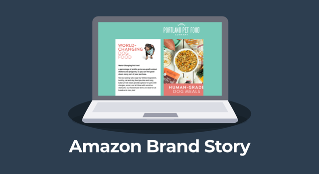 Laptop with image and text, "Amazon Brand Story"