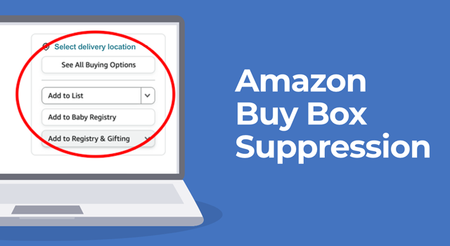 Image of suppressed Buy Box with text, "Amazon Buy Box suppression"