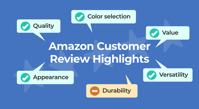 Illustration of product attribute buttons with text, "Amazon Customer Review Highlights"