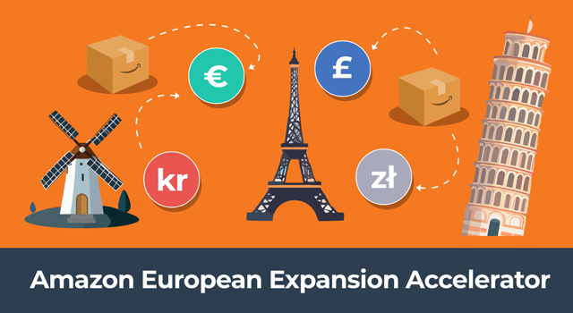 Illustration of European landmarks and currency with text, "Amazon European Expansion Accelerator"