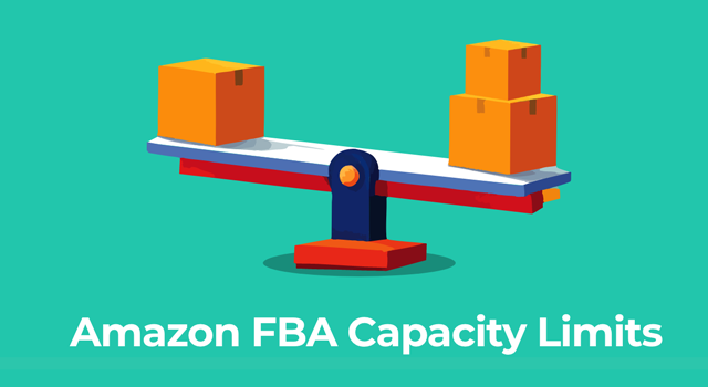 Illustration of a teeter totter with boxes on each side with text, "Amazon FBA Capacity Limits"