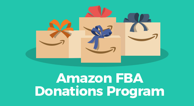 Amazon boxes with bows with text, "Amazon FBA Donations program"