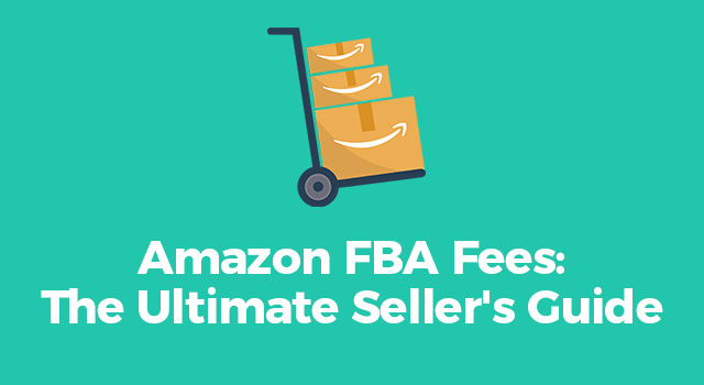 Illustration of a trolley with text, “Amazon FBA fees: the ultimate seller's guide”