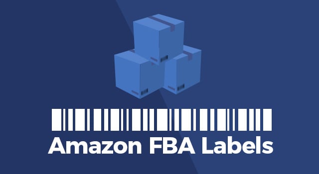 Illustration of boxes and barcode with text, "Amazon FBA labels"