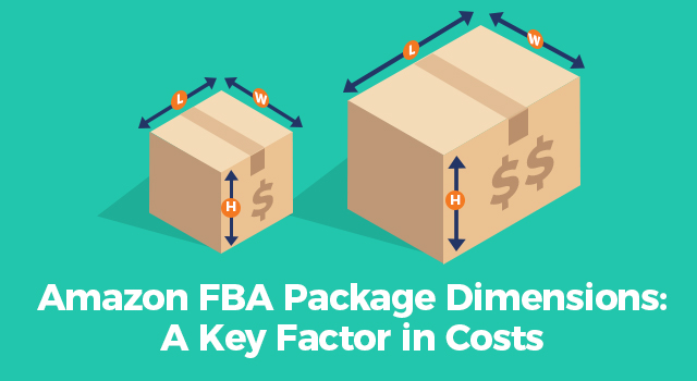 Packaging boxes with measurement arrows and dollar signs with text, "Amazon FBA package dimensions: A key factor in costs"