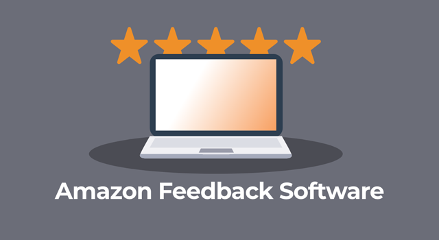 Illustration of laptop with stars and text, "Amazon feedback software"