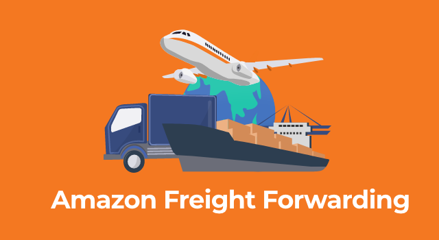 Globe with plane, ship, and truck with text, "Amazon freight forwarding"