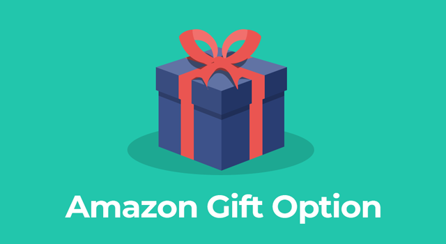 Gift wrapped box with text, "Amazon gift option"