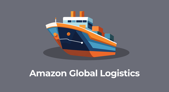 Illustration of ocean freight boat with text, "Amazon Global Logistics"