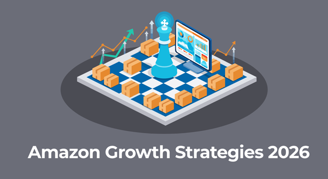 Illustration of a chessboard with a king piece, analytics dashboard, and growth arrows representing Amazon growth strategies for 2026.