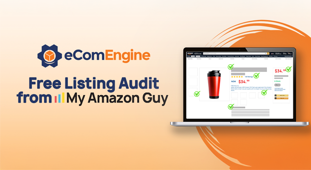 eComEngine logo and a laptop with a view of an amazon product listing with text, "Free Listing Amazon Audit from Amazon Guy"