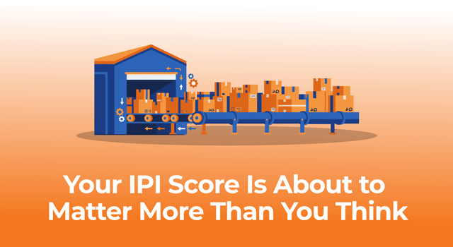 Illustration of a warehouse with a conveyor belt and boxes, with text reading "Your IPI Score Is About to Matter More Than You Think."
