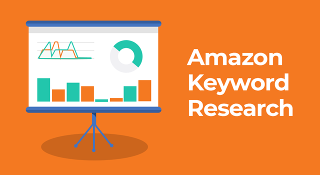 Analytics charts on a display board with text, "Amazon keyword research"