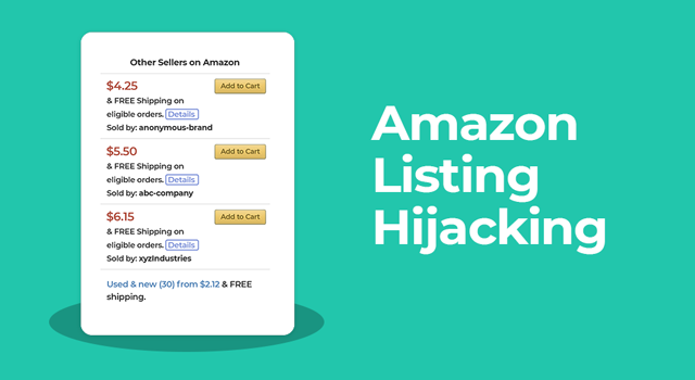 Other sellers on Amazon box from a product listing with text, "Amazon listing hijacking"