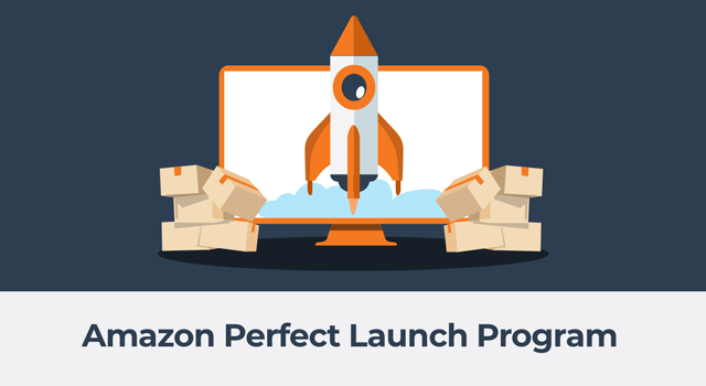 Illustration of a rocket on a monitor with text, "Amazon Perfect Launch Program"