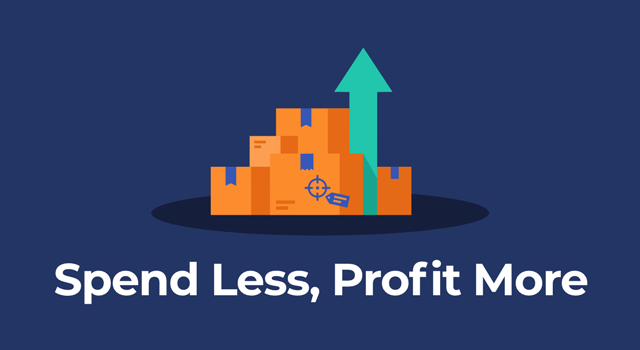 Illustration of cardboard shipping boxes with a green upward arrow beside them and an ad tag on the front box reading "Spend less, Profit more."