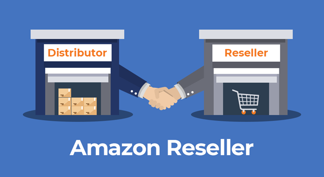 Illustrations of a distributor and reseller joined by a handshake with text, "Amazon reseller"